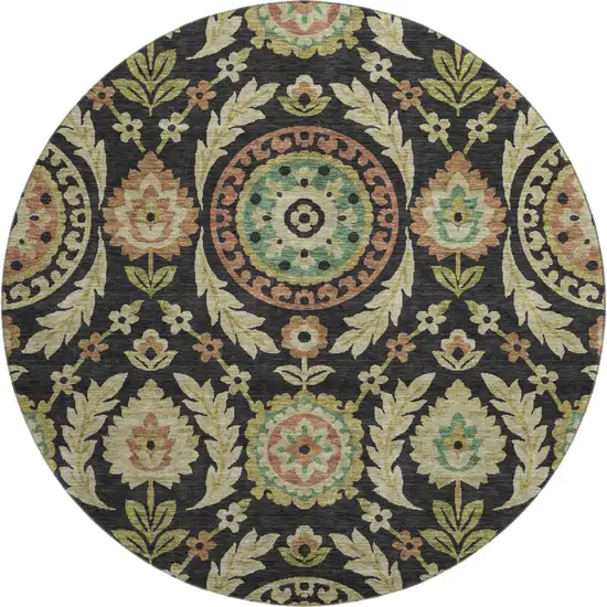 8' Black Gold And Copper Floral Washable Round Rug With UV Protection Photo 1