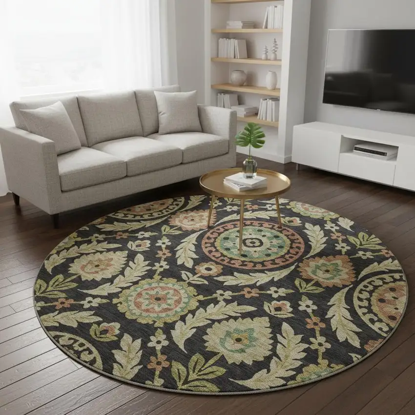 8' Black Gold And Copper Floral Washable Round Rug With UV Protection Photo 2
