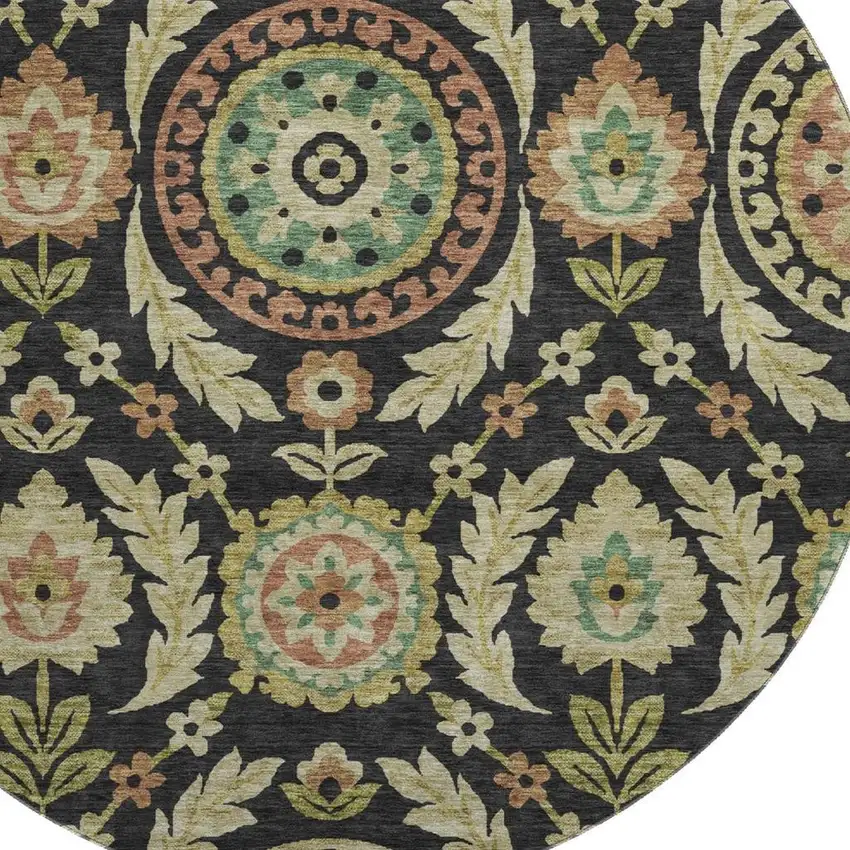 8' Black Gold And Copper Floral Washable Round Rug With UV Protection Photo 3