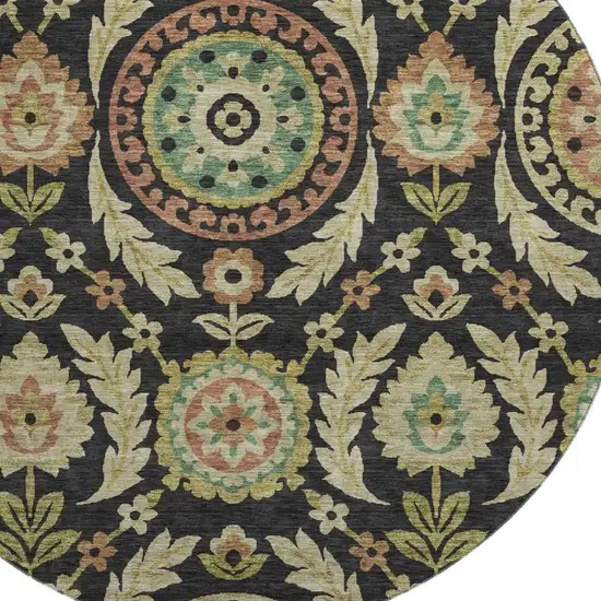 8' Black Gold And Copper Floral Washable Round Rug With UV Protection Photo 3