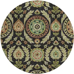 Photo of 8' Black Gold And Copper Round Floral Washable Indoor Outdoor Area Rug