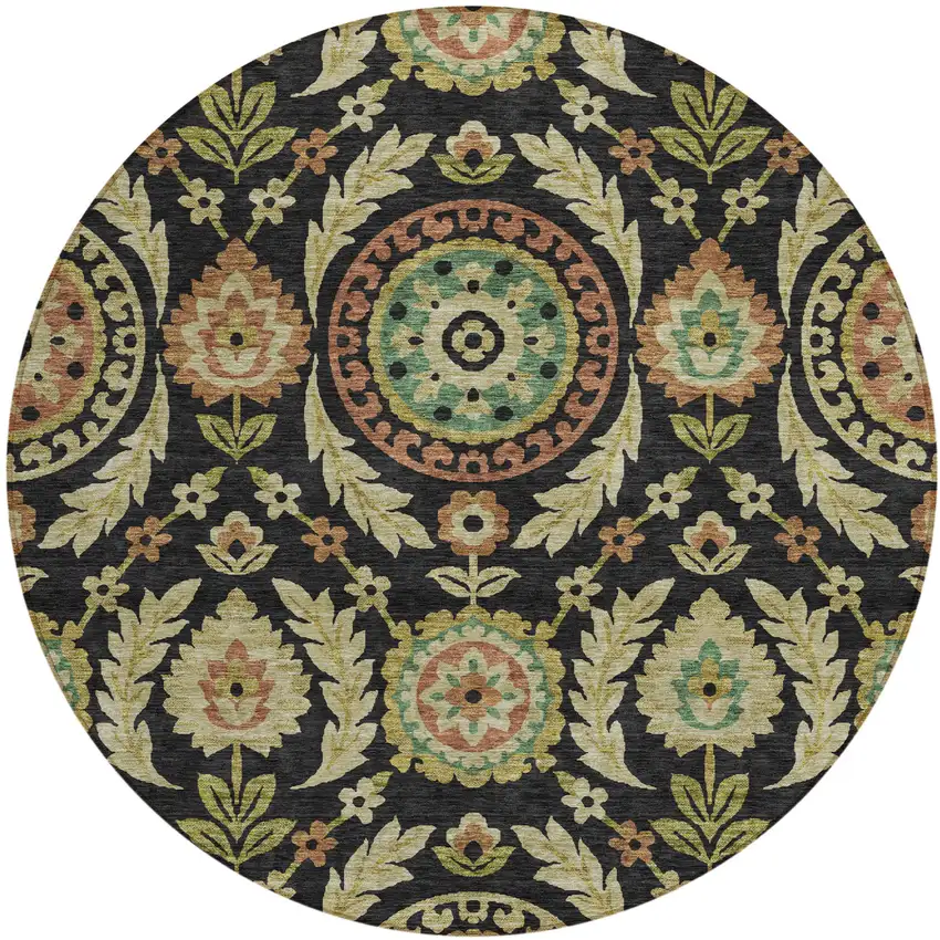 8' Black Gold And Copper Round Floral Washable Indoor Outdoor Area Rug Photo 1