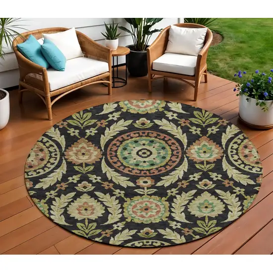 8' Black Gold And Copper Round Floral Washable Indoor Outdoor Area Rug Photo 1
