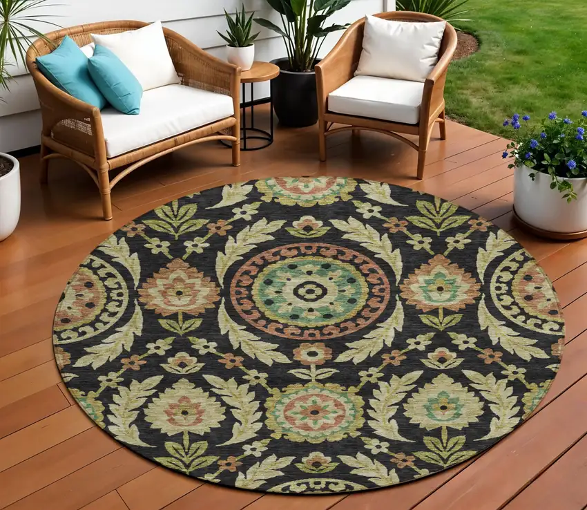 8' Black Gold And Copper Round Floral Washable Indoor Outdoor Area Rug Photo 1