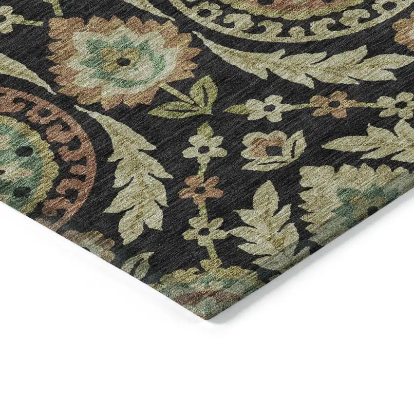 8' Black Gold And Copper Round Floral Washable Indoor Outdoor Area Rug Photo 2
