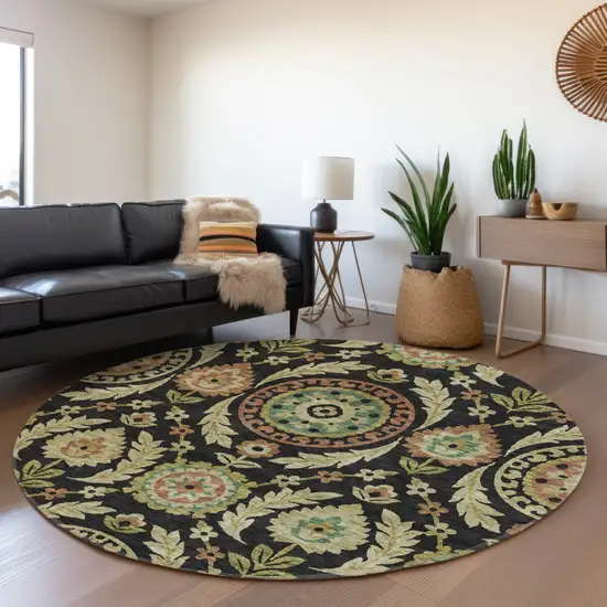 8' Black Gold And Copper Round Floral Washable Indoor Outdoor Area Rug Photo 7