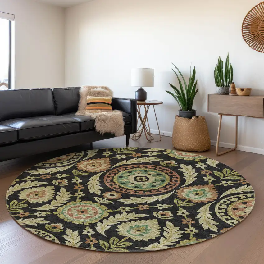 8' Black Gold And Copper Round Floral Washable Indoor Outdoor Area Rug Photo 7