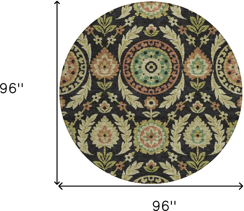 8' Black Gold And Copper Round Floral Washable Indoor Outdoor Area Rug Photo 8