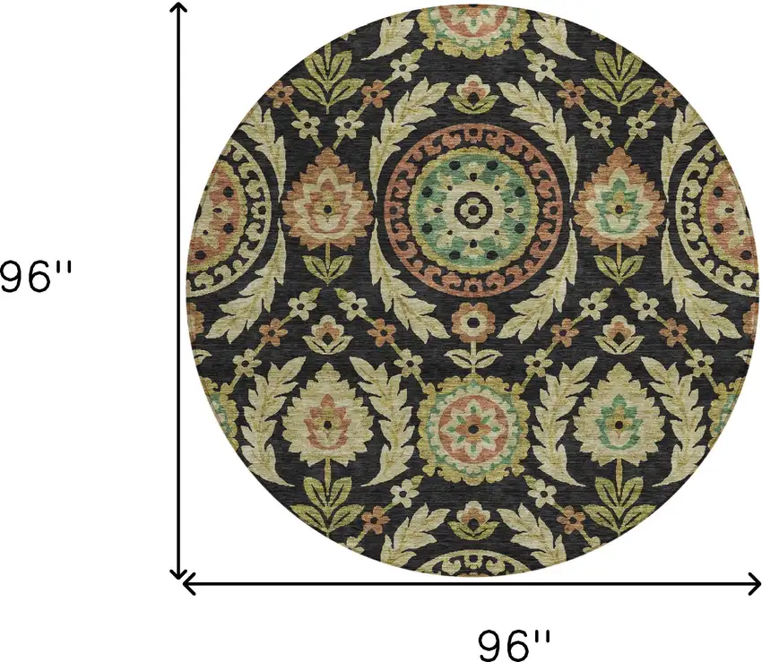 8' Black Gold And Copper Round Floral Washable Indoor Outdoor Area Rug Photo 8