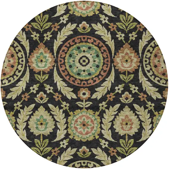 8' Black Gold And Copper Round Floral Washable Indoor Outdoor Area Rug Photo 5