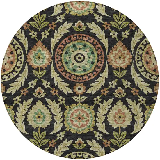8' Black Gold And Copper Round Floral Washable Indoor Outdoor Area Rug Photo 5