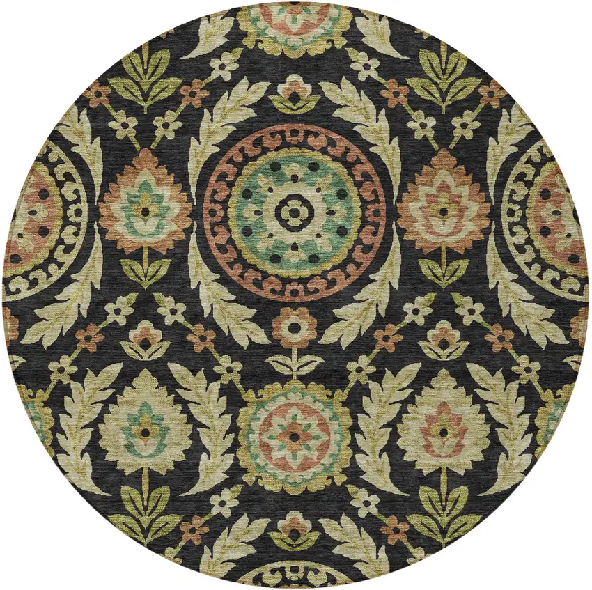 8' Black Gold And Copper Round Floral Washable Indoor Outdoor Area Rug Photo 5