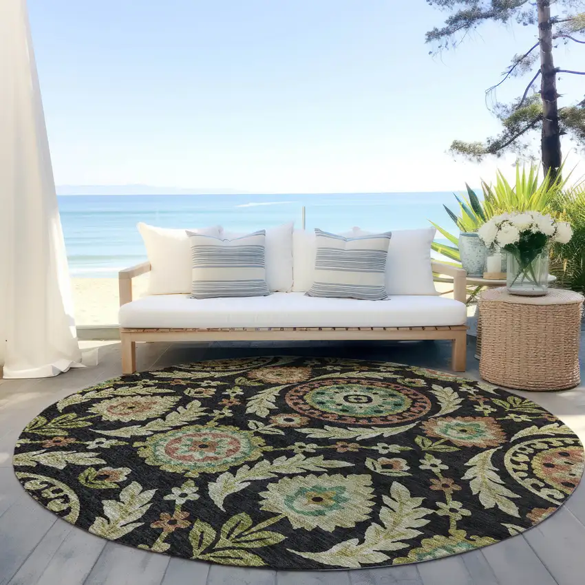 8' Black Gold And Copper Round Floral Washable Indoor Outdoor Area Rug Photo 6