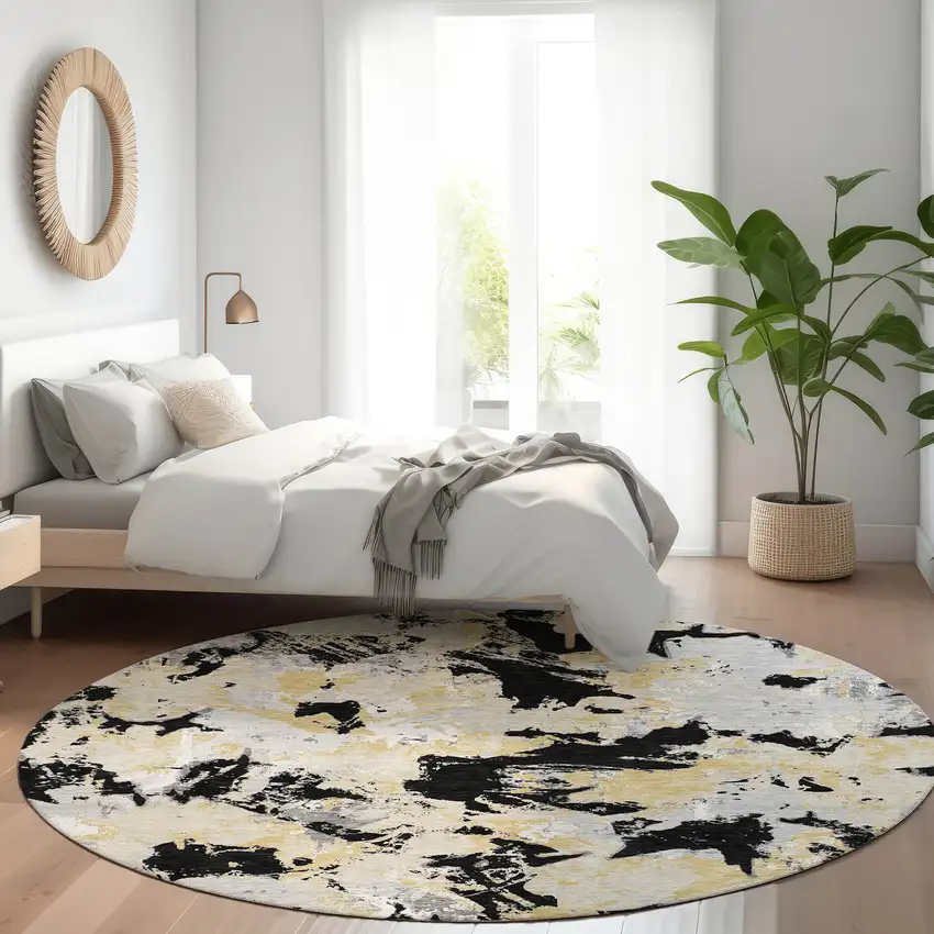 8' Black Gold And Gray Floral Washable Round Rug With UV Protection Photo 5