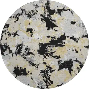 Photo of 8' Black Gold And Gray Floral Washable Round Rug With UV Protection