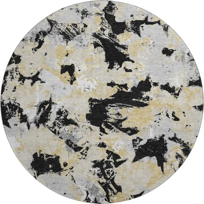 8' Black Gold And Gray Floral Washable Round Rug With UV Protection Photo 1