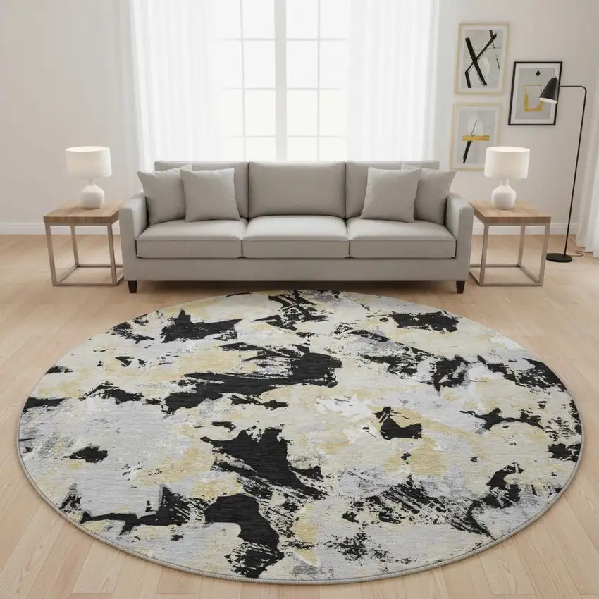 8' Black Gold And Gray Floral Washable Round Rug With UV Protection Photo 2