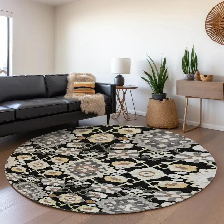 8' Black Gold And Gray Oriental Washable Round Rug With UV Protection Photo 4