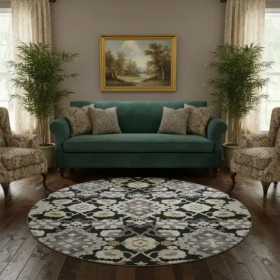 8' Black Gold And Gray Oriental Washable Round Rug With UV Protection Photo 2