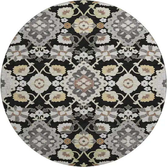 8' Black Gold And Gray Oriental Washable Round Rug With UV Protection Photo 1