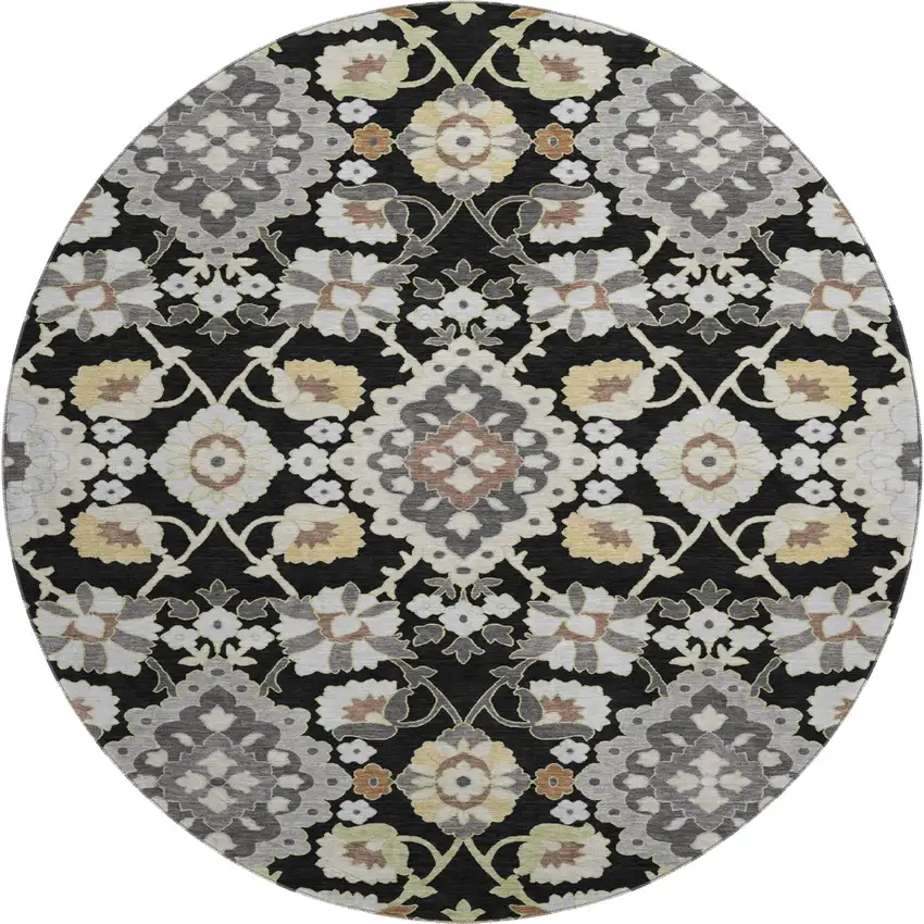 8' Black Gold And Gray Oriental Washable Round Rug With UV Protection Photo 1