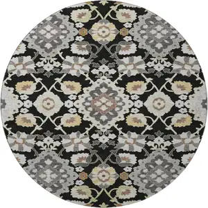 Photo of 8' Black Gold And Gray Oriental Washable Round Rug With UV Protection