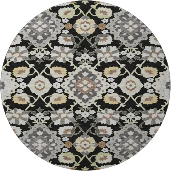 8' Black Gold And Gray Oriental Washable Round Rug With UV Protection Photo 3