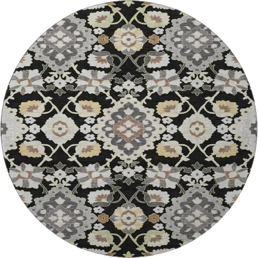8' Black Gold And Gray Oriental Washable Round Rug With UV Protection Photo 3