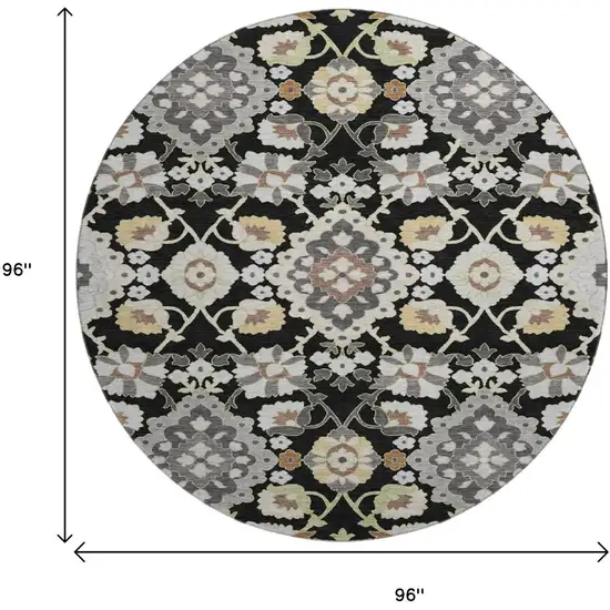 8' Black Gold And Gray Oriental Washable Round Rug With UV Protection Photo 9