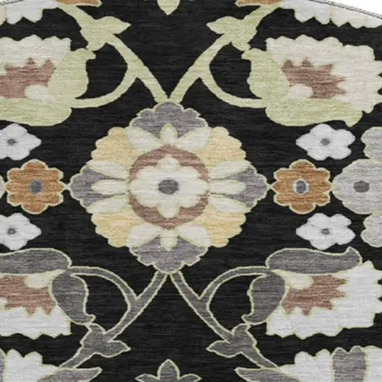 8' Black Gold And Gray Oriental Washable Round Rug With UV Protection Photo 2