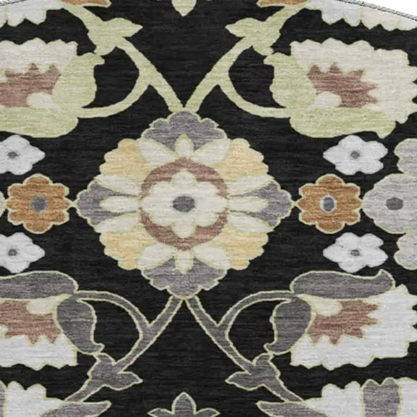 8' Black Gold And Gray Oriental Washable Round Rug With UV Protection Photo 2