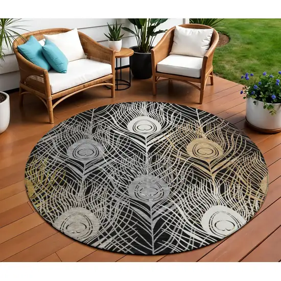 8' Black Gold And Gray Round Floral Washable Indoor Outdoor Area Rug Photo 1