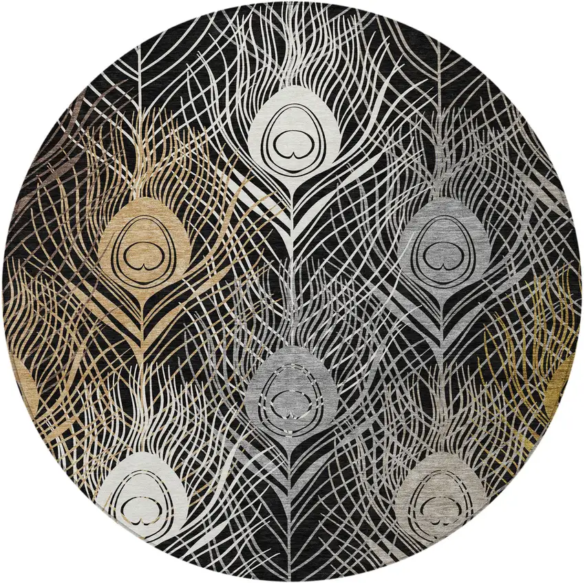 8' Black Gold And Gray Round Floral Washable Indoor Outdoor Area Rug Photo 5