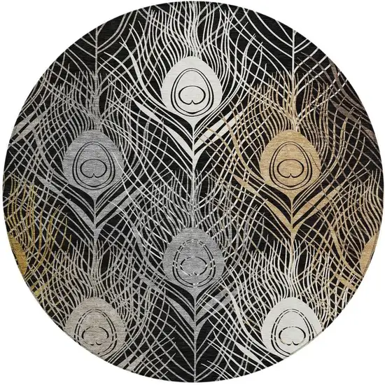 8' Black Gold And Gray Round Floral Washable Indoor Outdoor Area Rug Photo 4