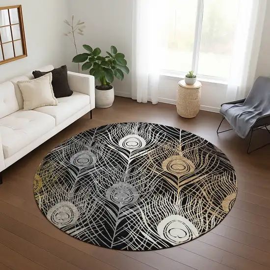 8' Black Gold And Gray Round Floral Washable Indoor Outdoor Area Rug Photo 9