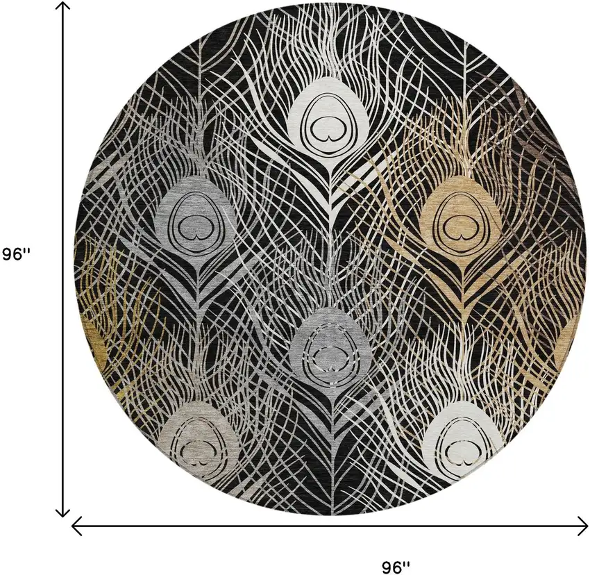 8' Black Gold And Gray Round Floral Washable Indoor Outdoor Area Rug Photo 3