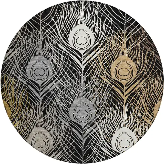 8' Black Gold And Gray Round Floral Washable Indoor Outdoor Area Rug Photo 2
