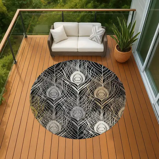 8' Black Gold And Gray Round Floral Washable Indoor Outdoor Area Rug Photo 8