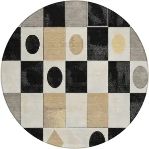 Photo of 8' Black Gold And Gray Round Geometric Washable Indoor Outdoor Area Rug