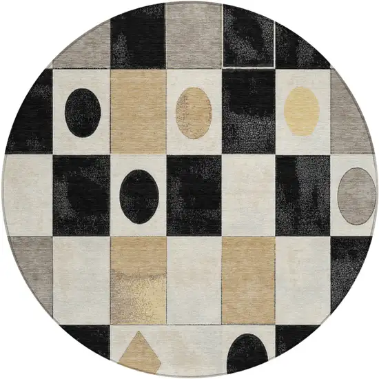 8' Black Gold And Gray Round Geometric Washable Indoor Outdoor Area Rug Photo 1