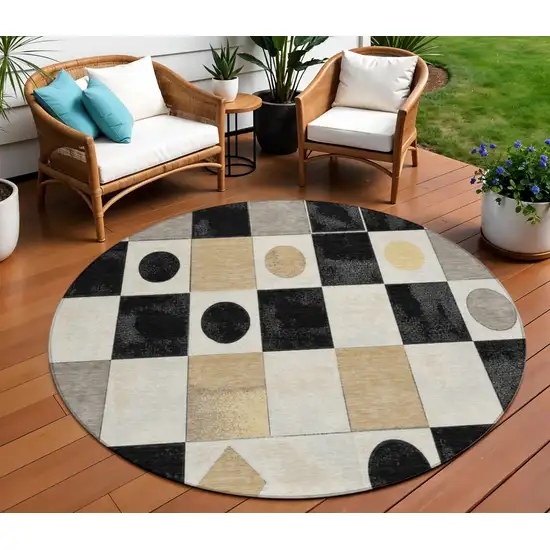 8' Black Gold And Gray Round Geometric Washable Indoor Outdoor Area Rug Photo 2