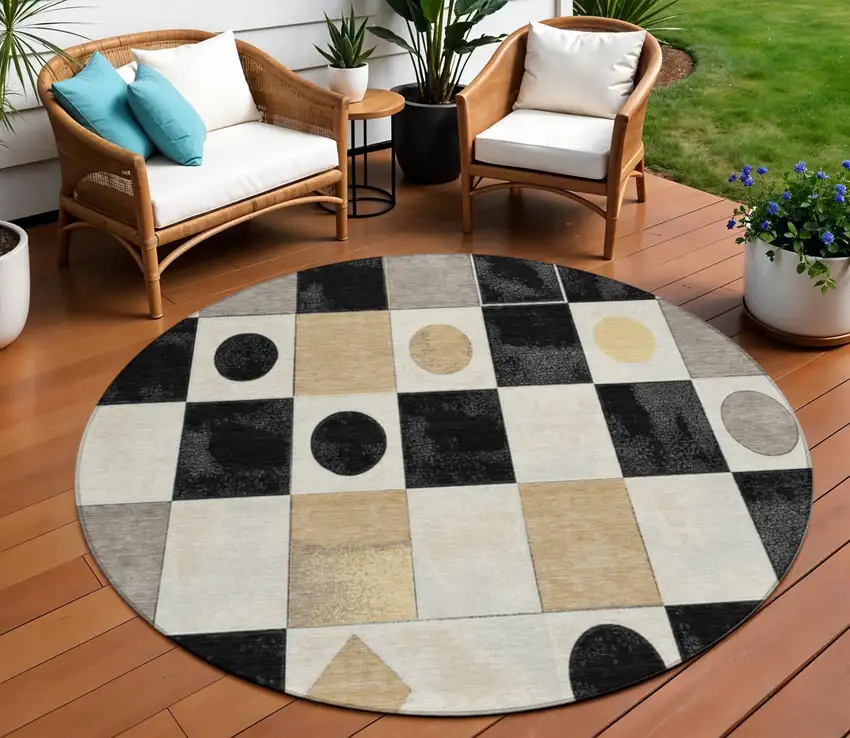 8' Black Gold And Gray Round Geometric Washable Indoor Outdoor Area Rug Photo 2