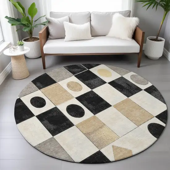 8' Black Gold And Gray Round Geometric Washable Indoor Outdoor Area Rug Photo 9