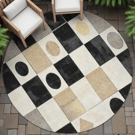 8' Black Gold And Gray Round Geometric Washable Indoor Outdoor Area Rug Photo 7