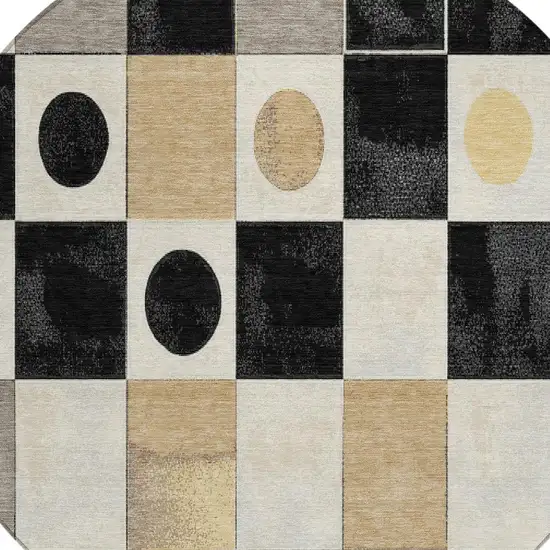 8' Black Gold And Gray Round Geometric Washable Indoor Outdoor Area Rug Photo 5