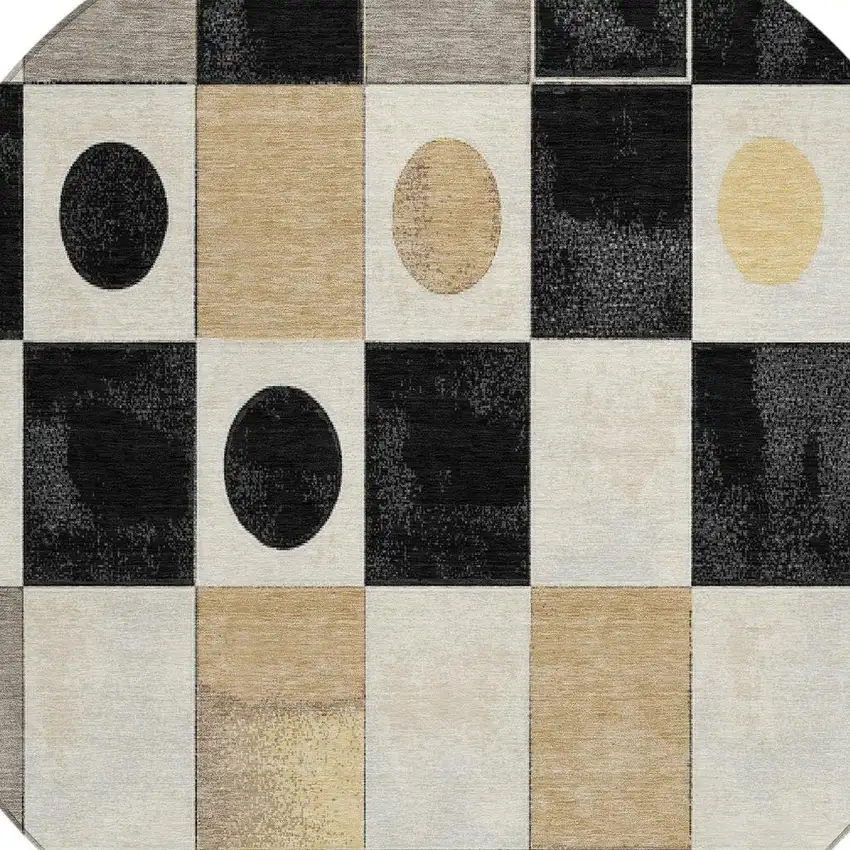 8' Black Gold And Gray Round Geometric Washable Indoor Outdoor Area Rug Photo 5