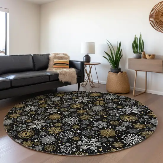 8' Black Gold And Gray Round Medallion Washable Indoor Outdoor Area Rug Photo 6