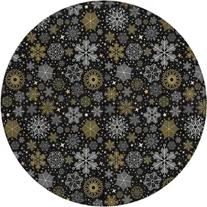 Photo of 8' Black Gold And Gray Round Medallion Washable Indoor Outdoor Area Rug