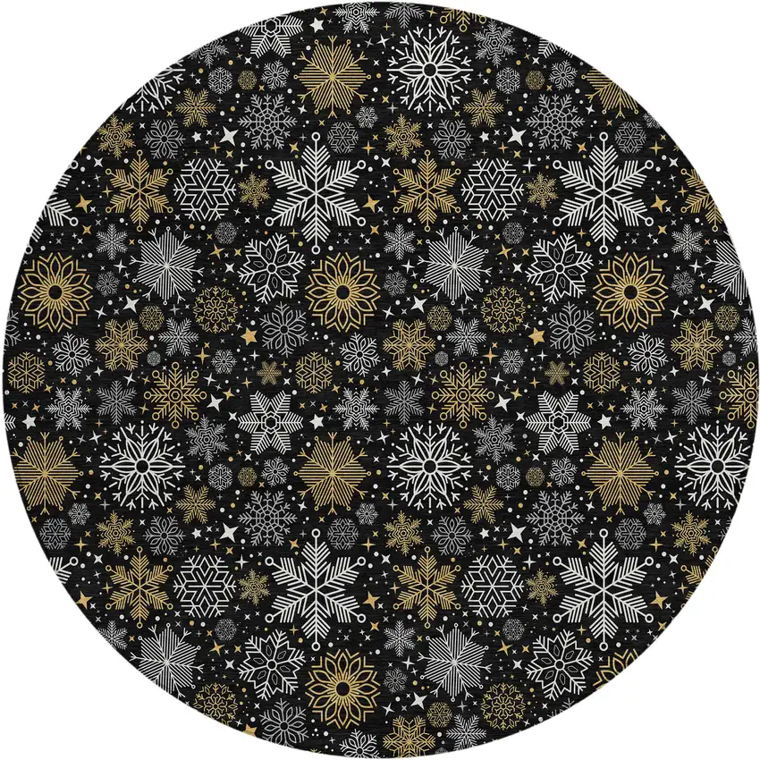 8' Black Gold And Gray Round Medallion Washable Indoor Outdoor Area Rug Photo 1