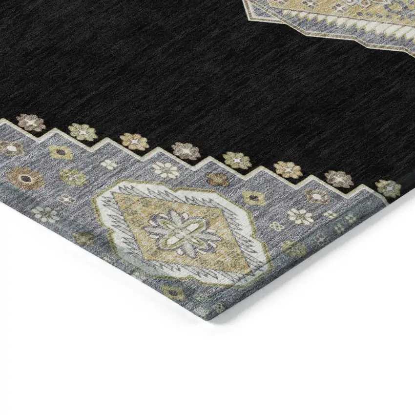 8' Black Gold And Gray Round Oriental Washable Indoor Outdoor Area Rug Photo 5